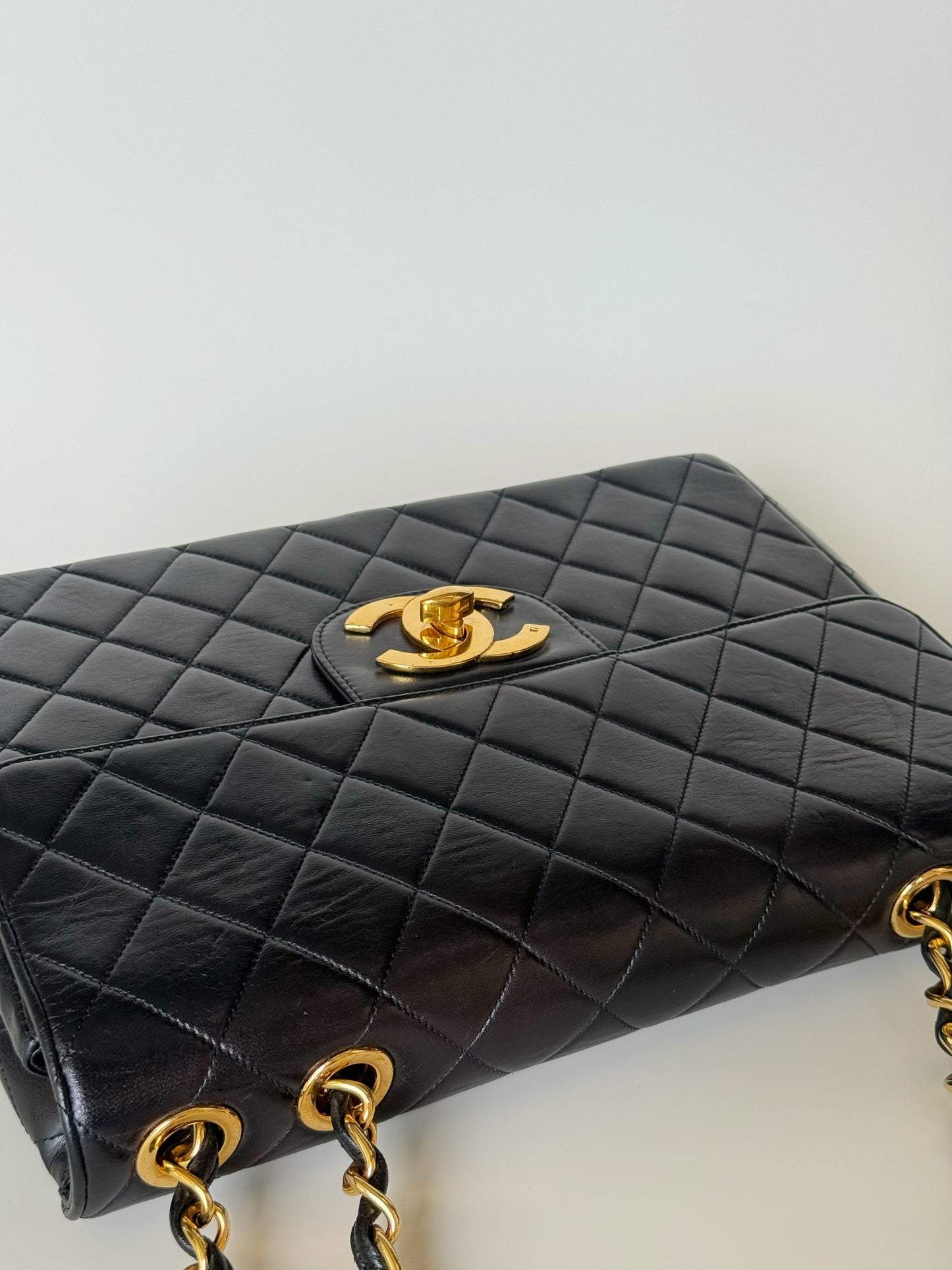 Chanel Vintage Quilted Lambskin Classic Single Flap Bag Jumbo Black