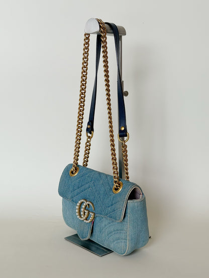 Gucci Denim Matelasse Pearly GG Marmont Shoulder Bag