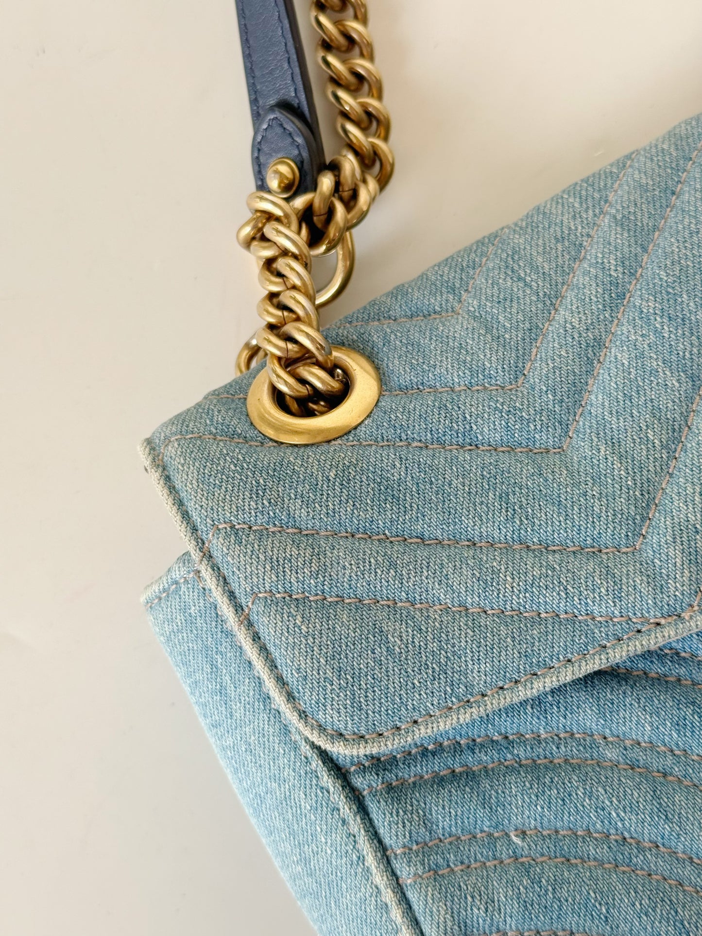 Gucci Denim Matelasse Pearly GG Marmont Shoulder Bag