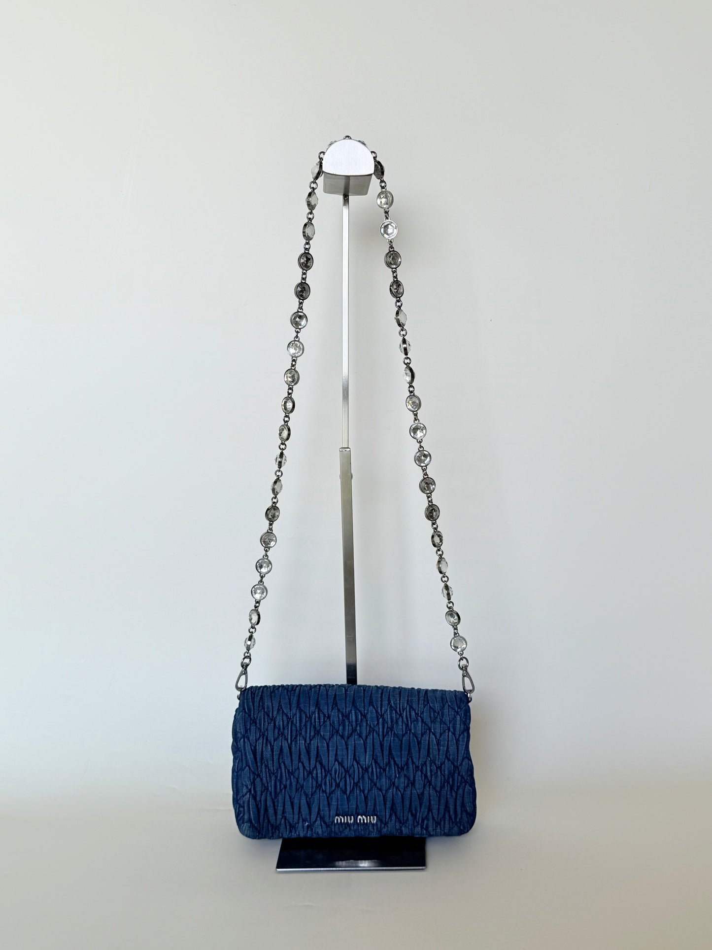 Miu Miu Denim Matelasse Crystal Chain Shoulder Bag