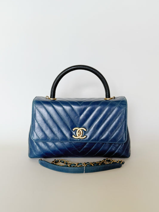 Chanel Calfskin Chevron Quilted Coco Handle Flap Bag