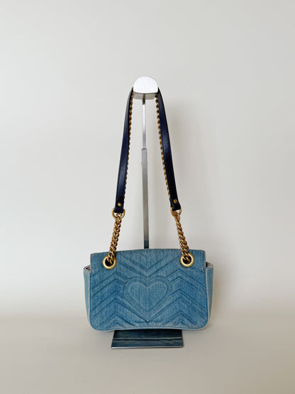 Gucci Denim Matelasse Pearly GG Marmont Shoulder Bag
