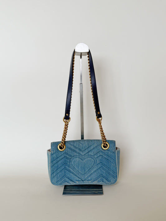 Gucci Denim Matelasse Pearly GG Marmont Shoulder Bag
