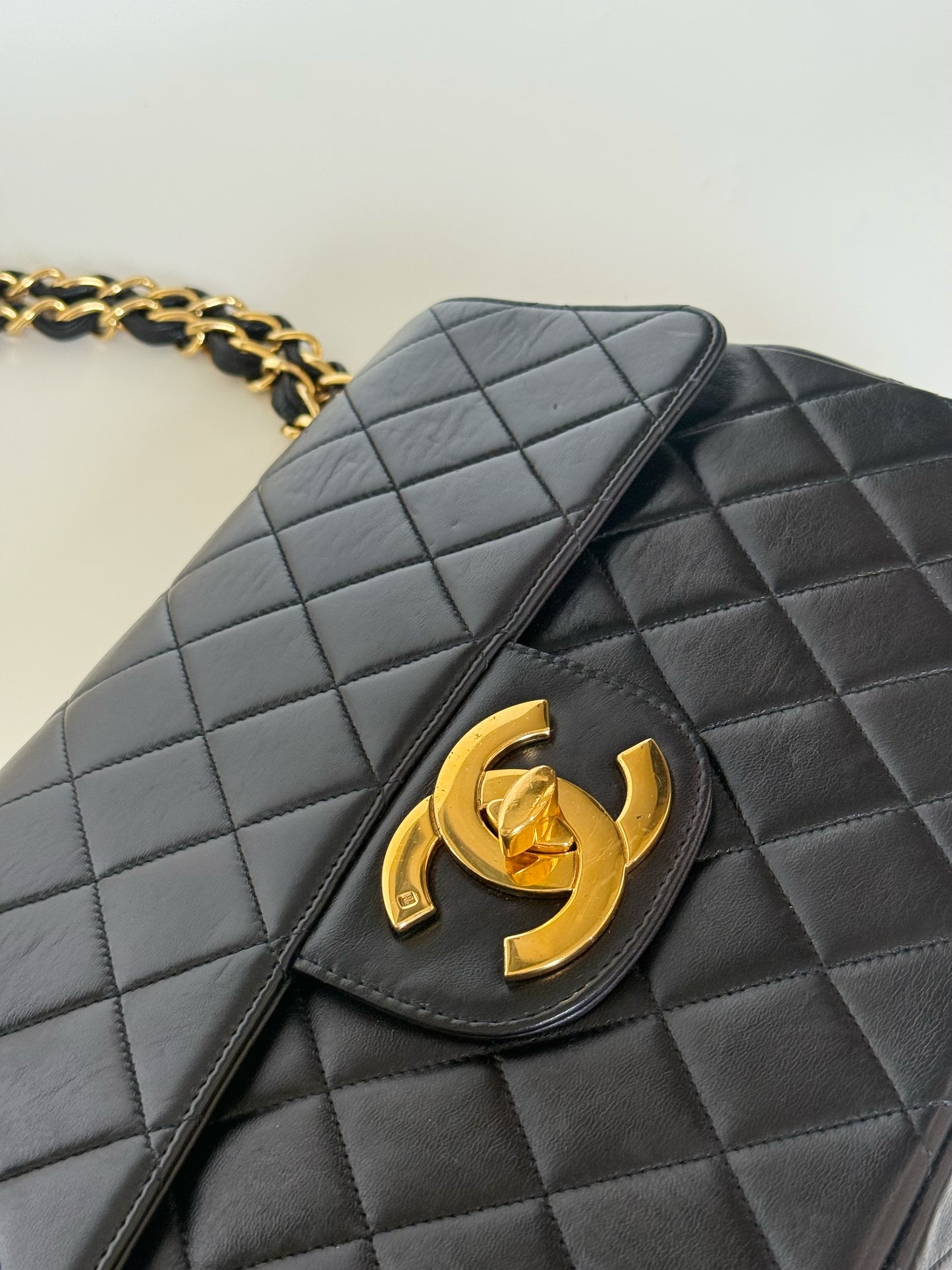 Chanel Vintage Quilted Lambskin Classic Single Flap Bag Jumbo Black