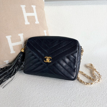 Chanel Caviar Chevron Quilted Tassel Camera Case