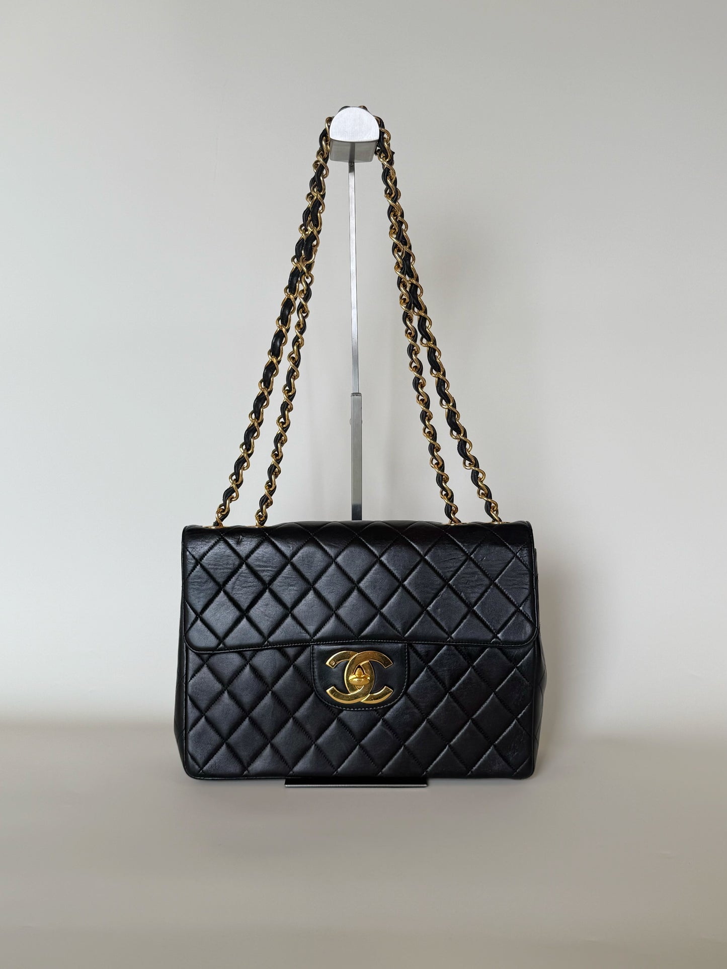 Chanel Vintage Quilted Lambskin Classic Single Flap Bag Jumbo Black