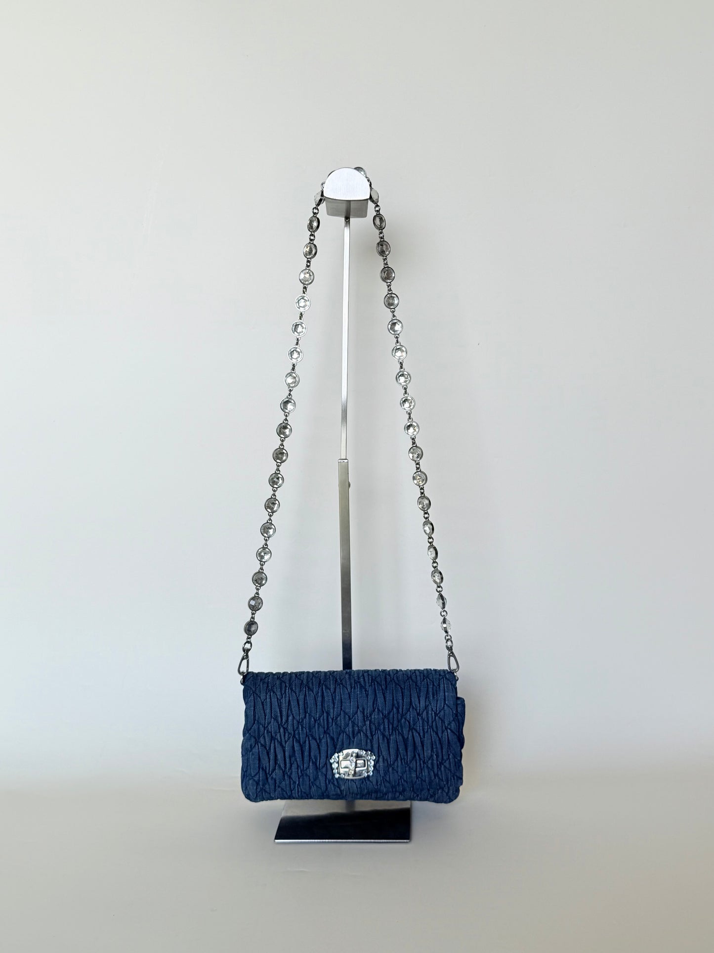 Miu Miu Denim Matelasse Crystal Chain Shoulder Bag