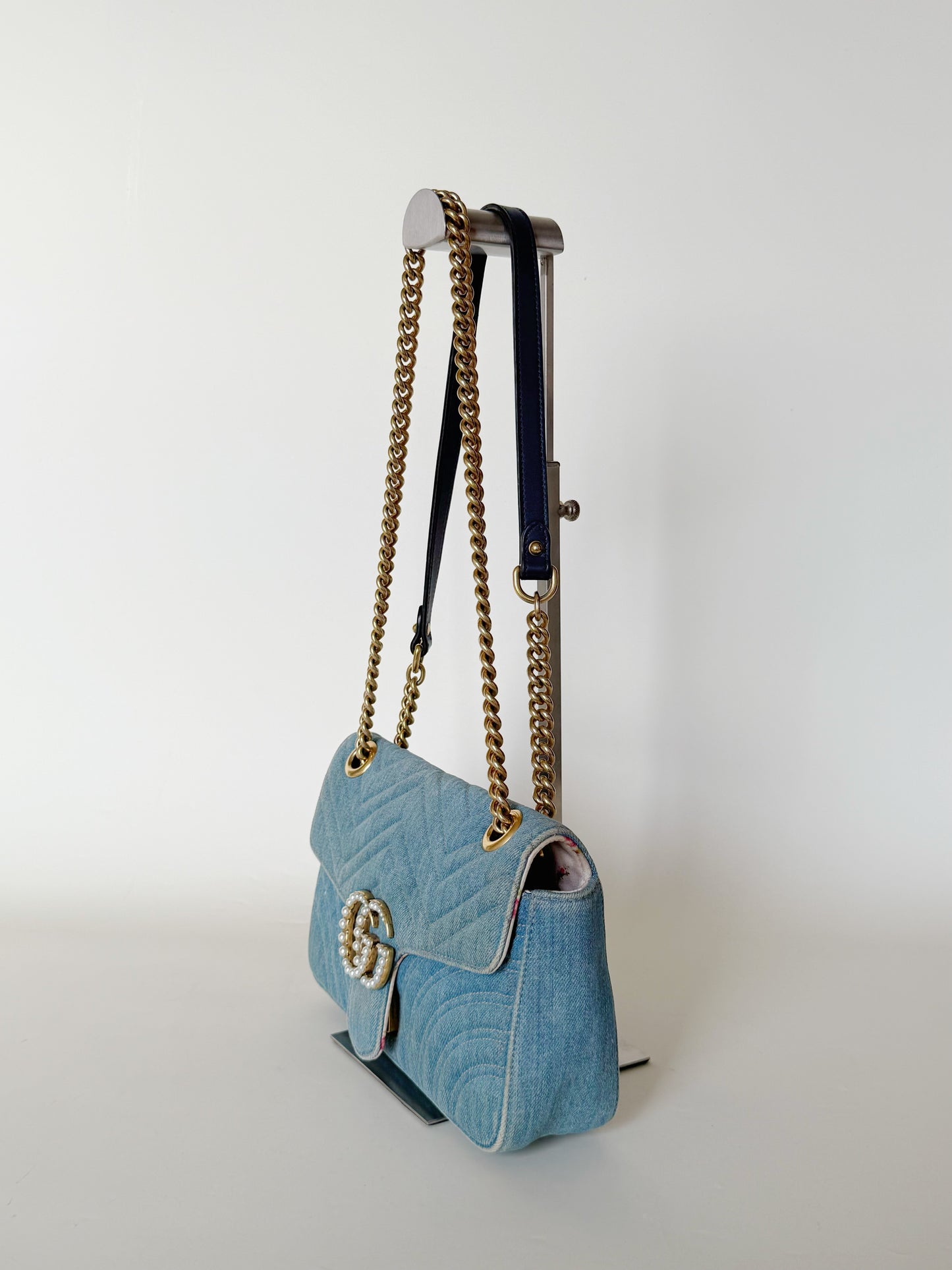 Gucci Denim Matelasse Pearly GG Marmont Shoulder Bag