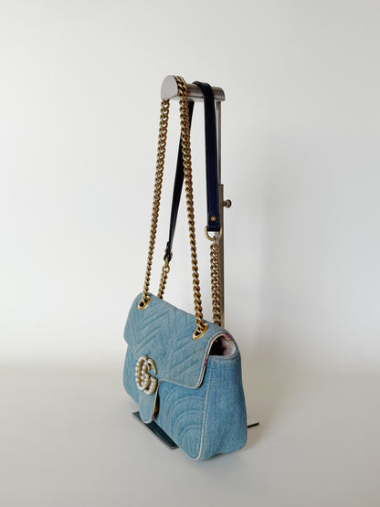 Gucci Denim Matelasse Pearly GG Marmont Shoulder Bag