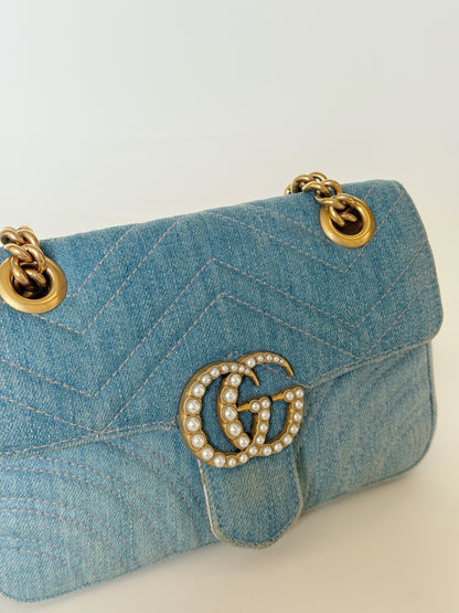 Gucci Denim Matelasse Pearly GG Marmont Shoulder Bag