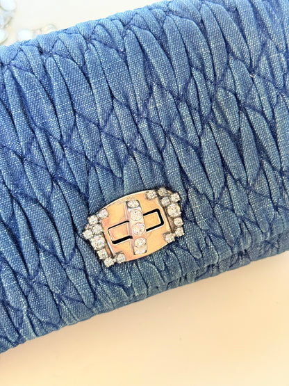 Miu Miu Denim Matelasse Crystal Chain Shoulder Bag