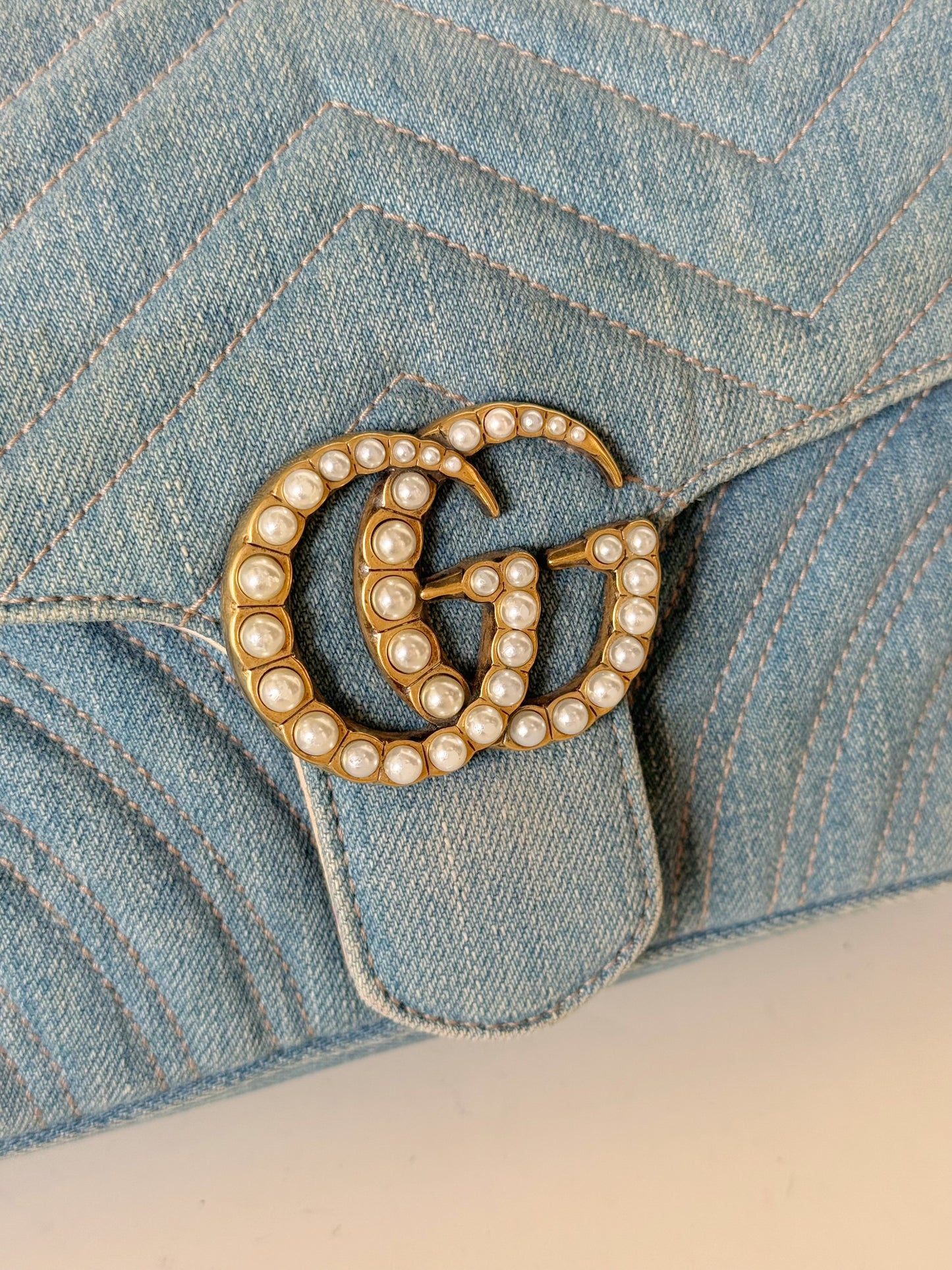 Gucci Denim Matelasse Pearly GG Marmont Shoulder Bag