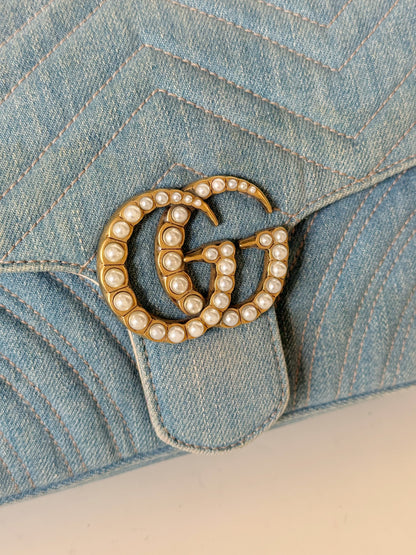 Gucci Denim Matelasse Pearly GG Marmont Shoulder Bag