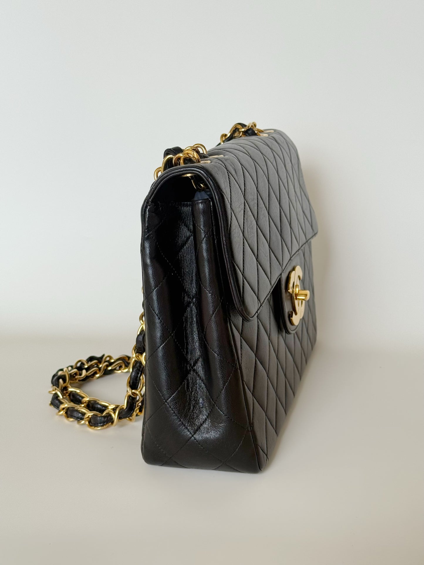 Chanel Vintage Quilted Lambskin Classic Single Flap Bag Jumbo Black