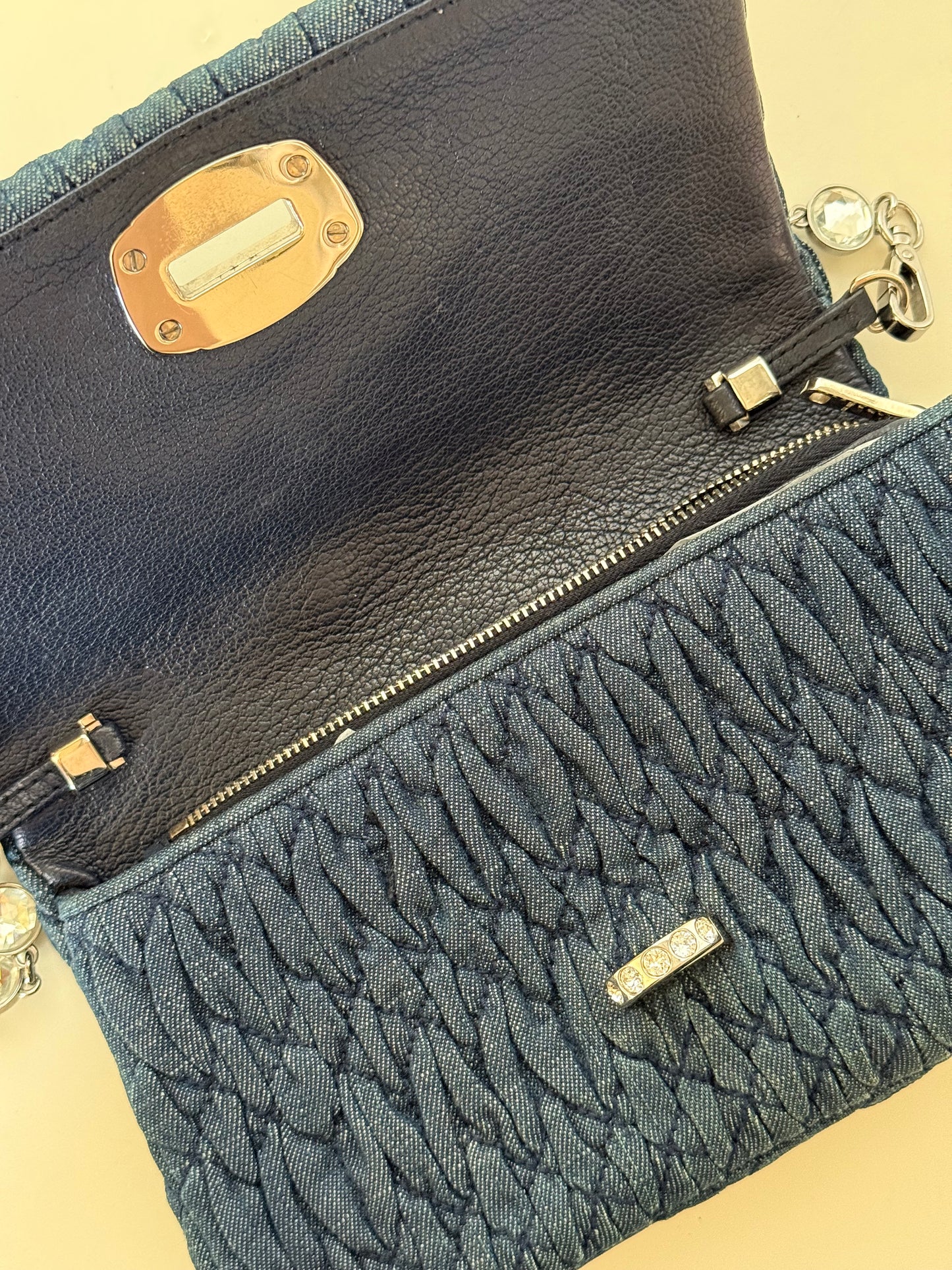 Miu Miu Denim Matelasse Crystal Chain Shoulder Bag