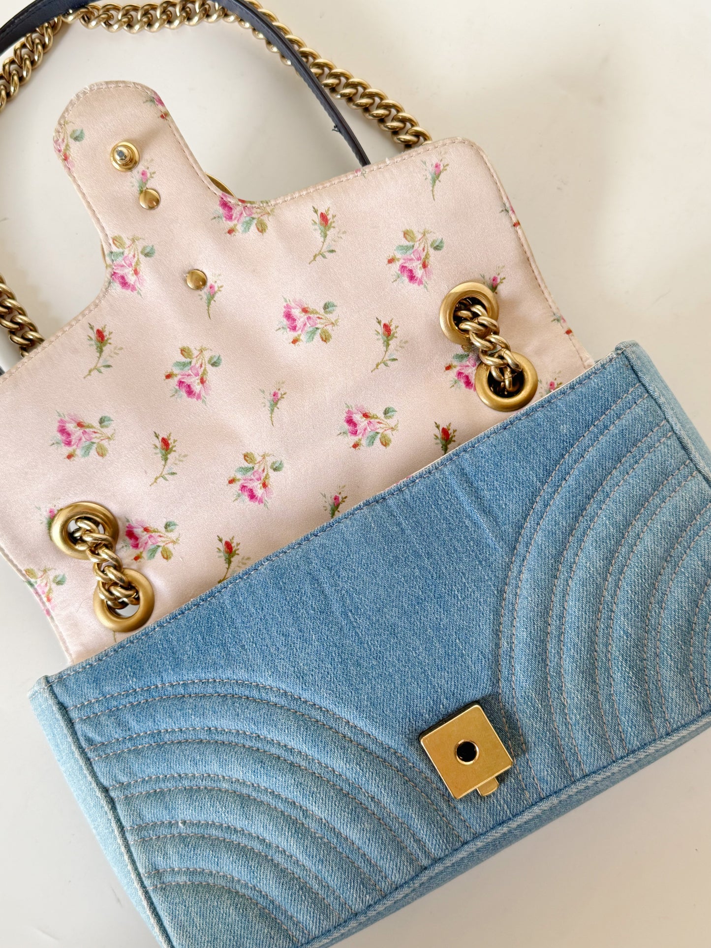 Gucci Denim Matelasse Pearly GG Marmont Shoulder Bag