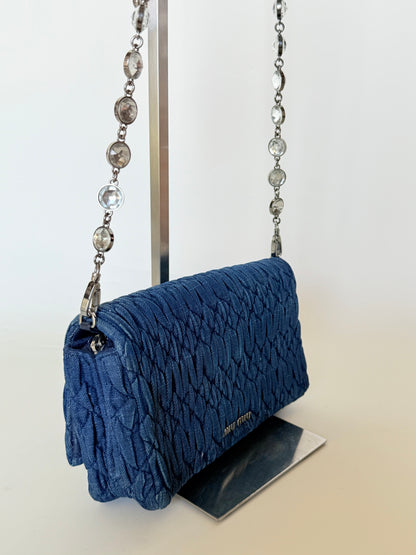 Miu Miu Denim Matelasse Crystal Chain Shoulder Bag