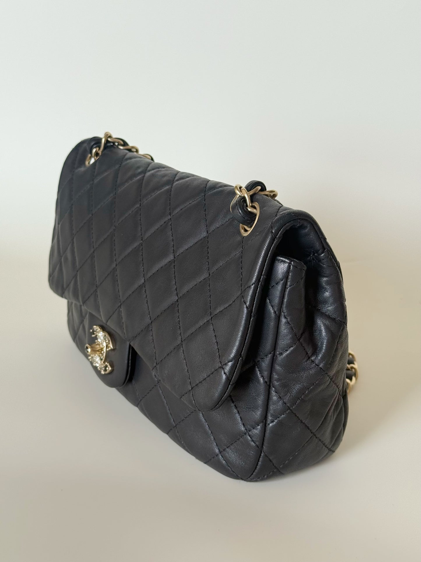Chanel Lambskin Quilted Medium Precious Jewel Single Flap Black