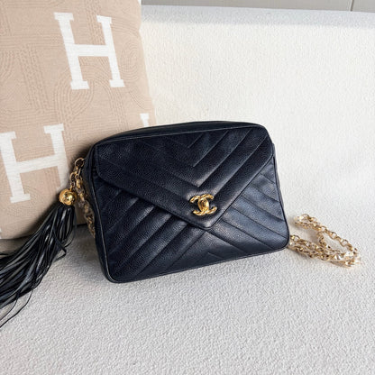 Chanel Caviar Chevron Quilted Tassel Camera Case