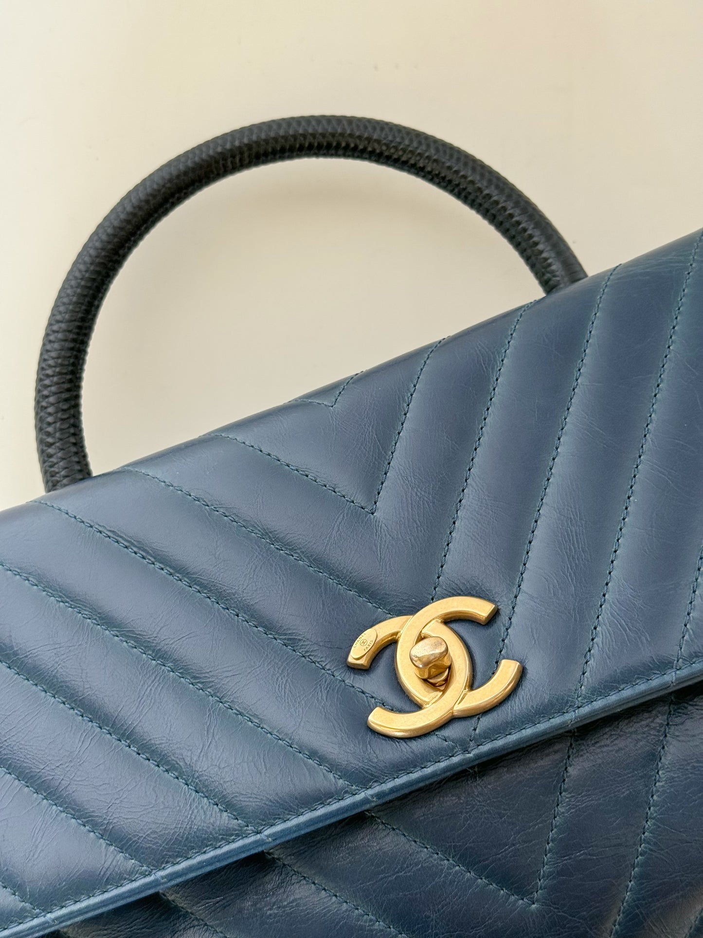 Chanel Calfskin Chevron Quilted Coco Handle Flap Bag