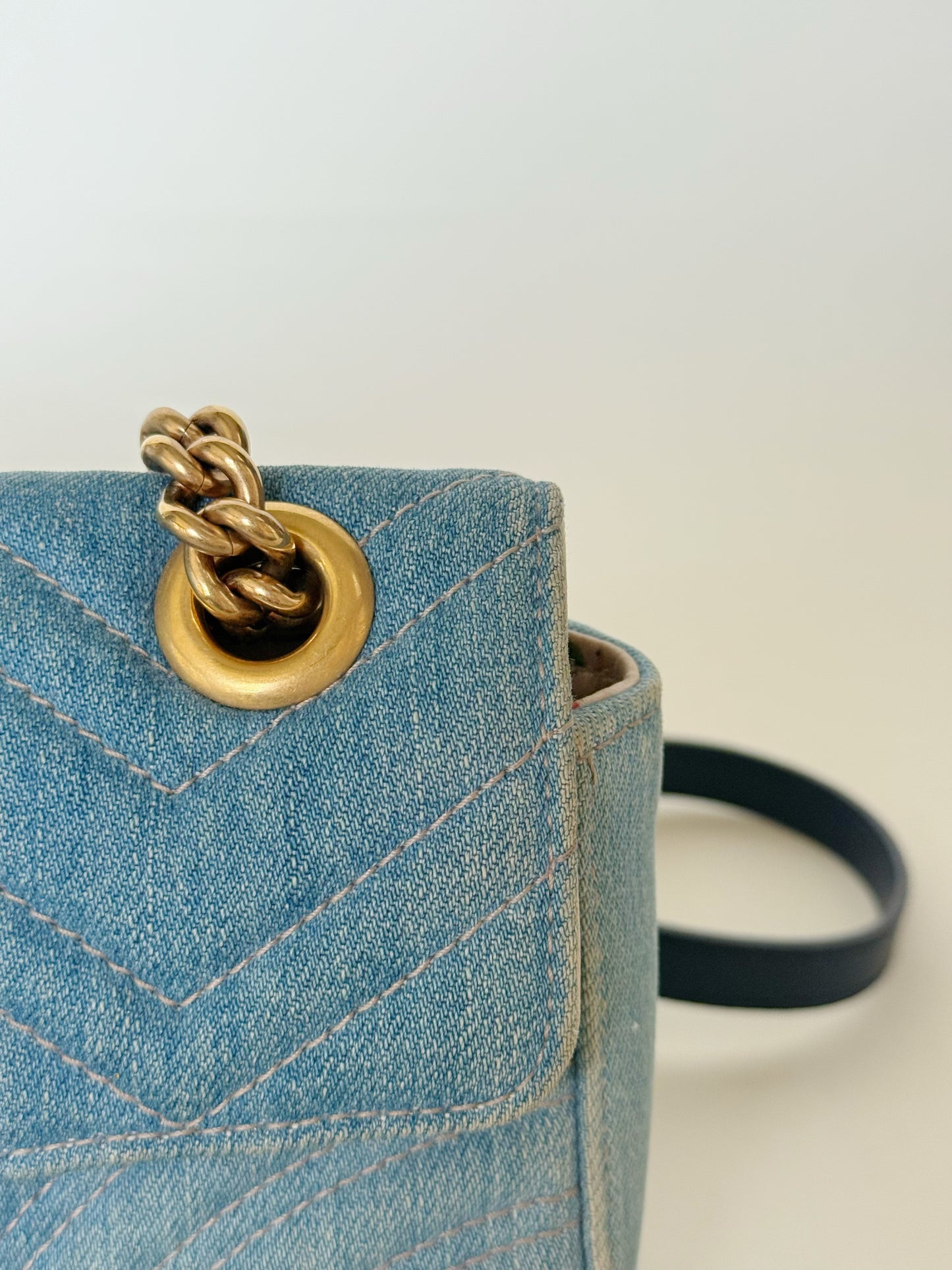 Gucci Denim Matelasse Pearly GG Marmont Shoulder Bag