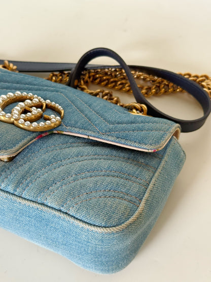 Gucci Denim Matelasse Pearly GG Marmont Shoulder Bag