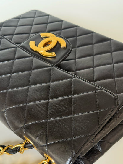 Chanel Vintage Quilted Lambskin Classic Single Flap Bag Jumbo Black
