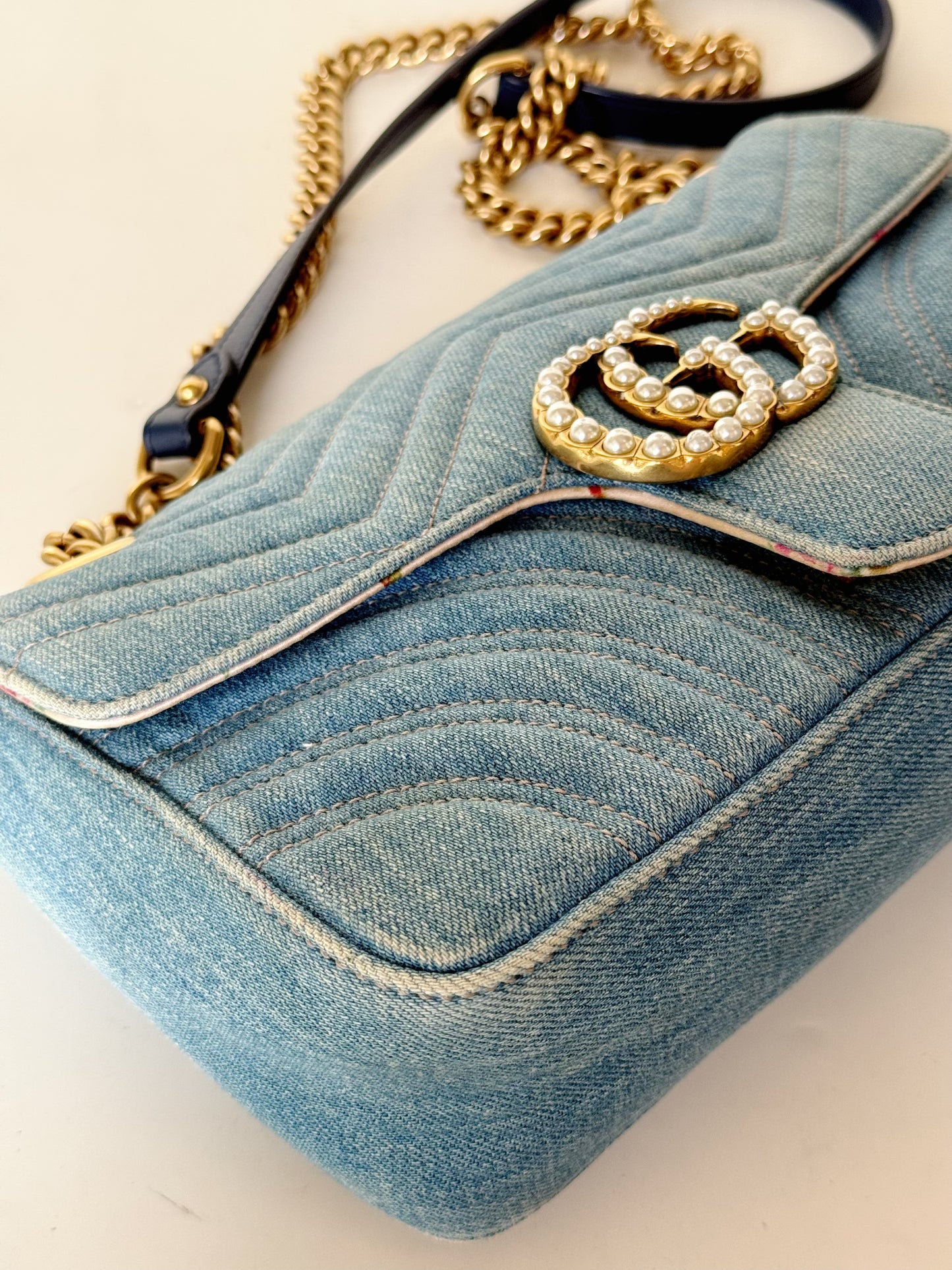 Gucci Denim Matelasse Pearly GG Marmont Shoulder Bag