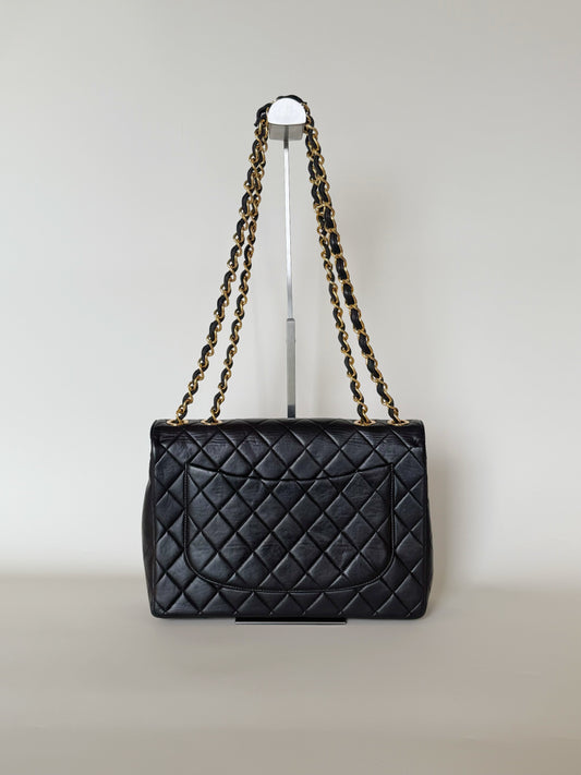 Chanel Vintage Quilted Lambskin Classic Single Flap Bag Jumbo Black