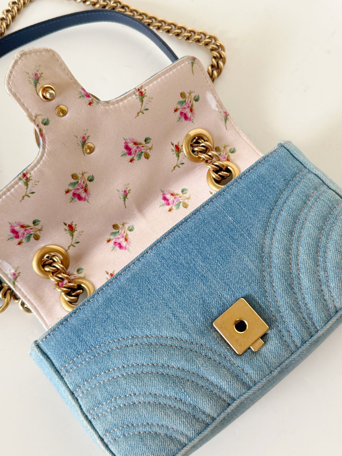 Gucci Denim Matelasse Pearly GG Marmont Shoulder Bag