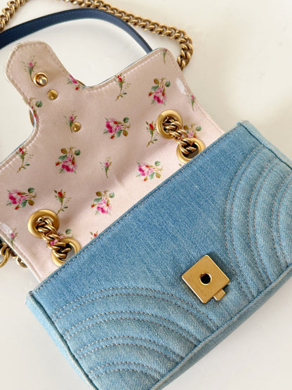 Gucci Denim Matelasse Pearly GG Marmont Shoulder Bag