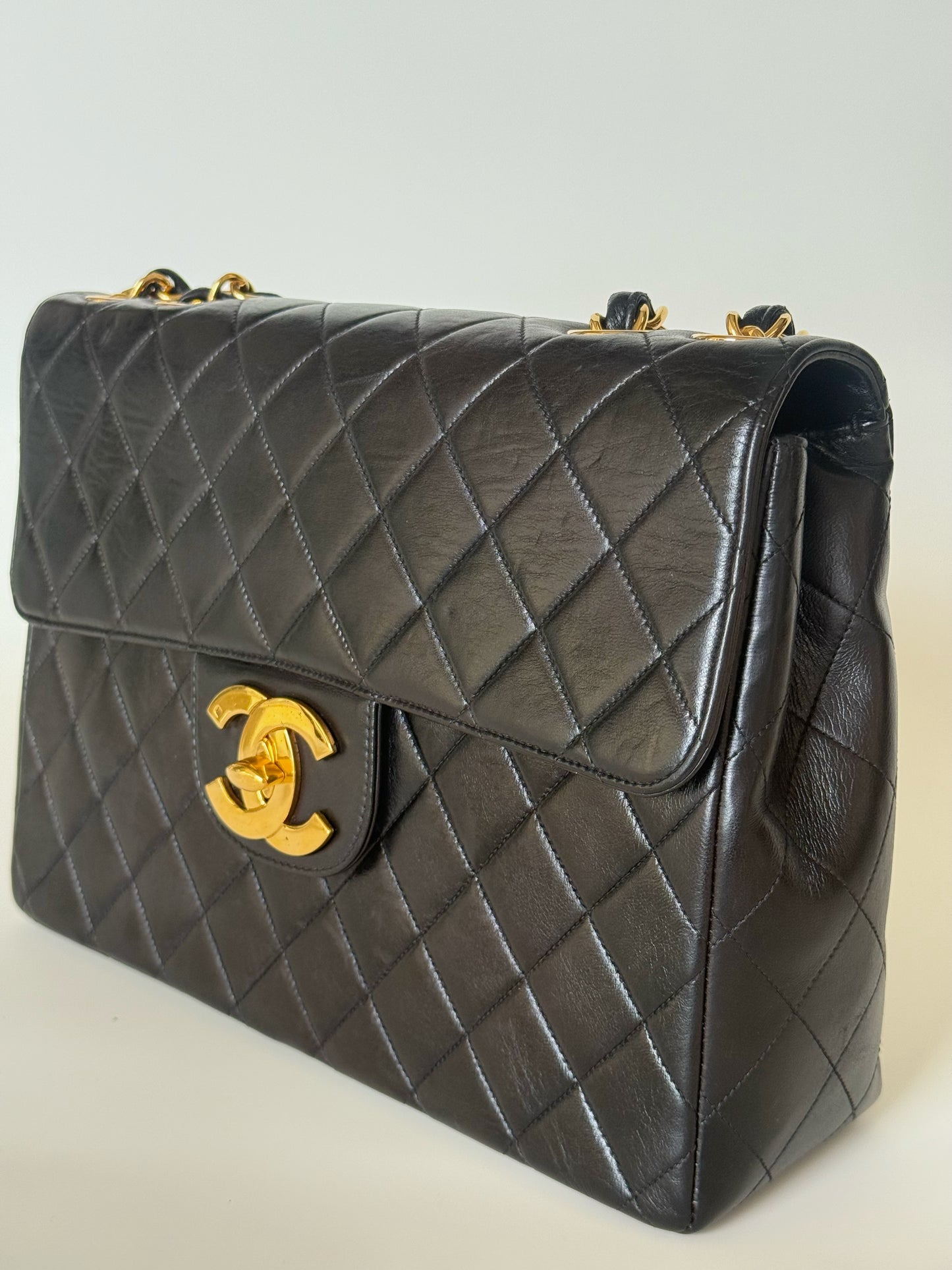 Chanel Vintage Quilted Lambskin Classic Single Flap Bag Jumbo Black