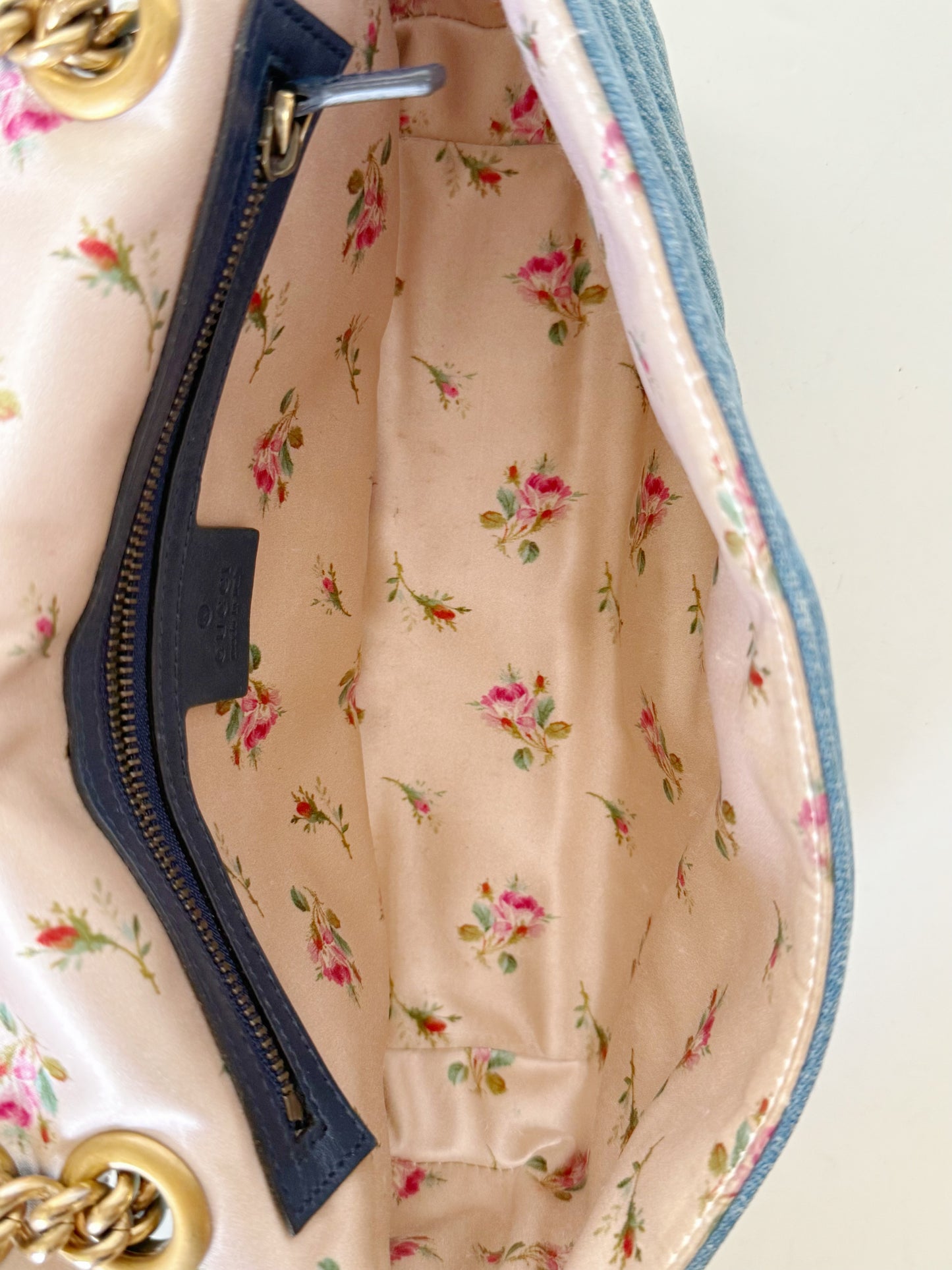 Gucci Denim Matelasse Pearly GG Marmont Shoulder Bag