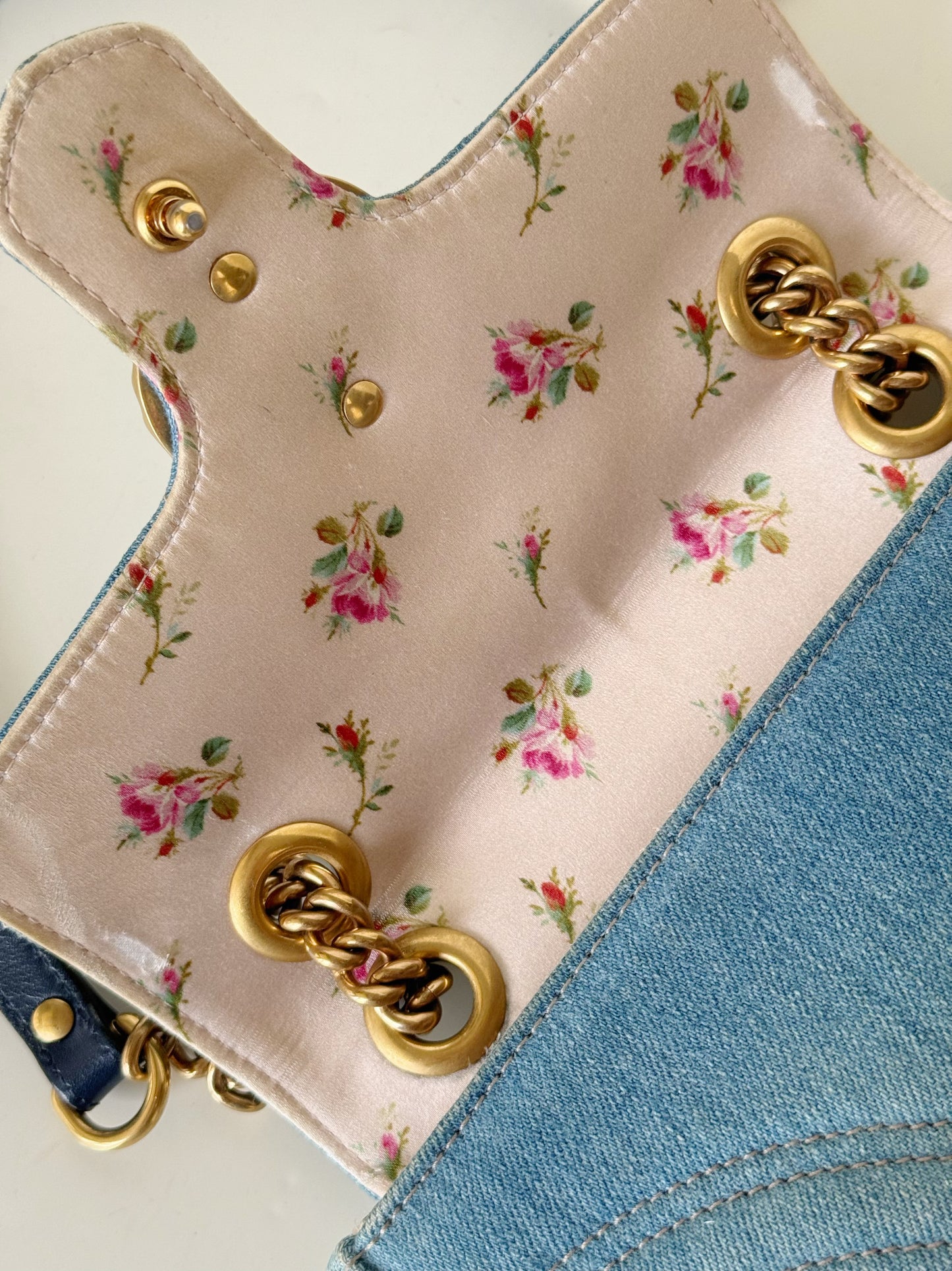 Gucci Denim Matelasse Pearly GG Marmont Shoulder Bag