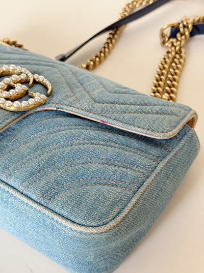 Gucci Denim Matelasse Pearly GG Marmont Shoulder Bag