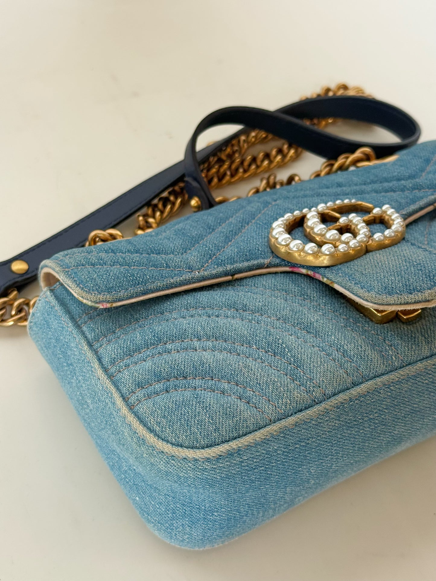 Gucci Denim Matelasse Pearly GG Marmont Shoulder Bag