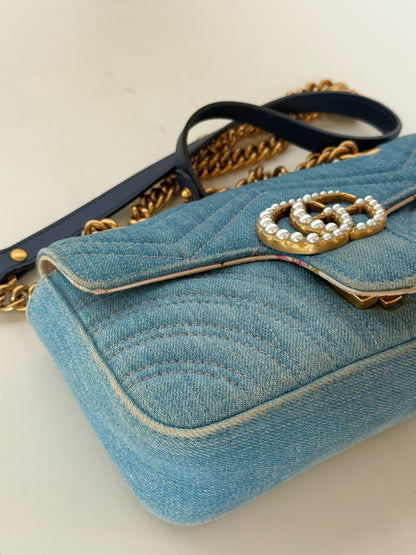 Gucci Denim Matelasse Pearly GG Marmont Shoulder Bag