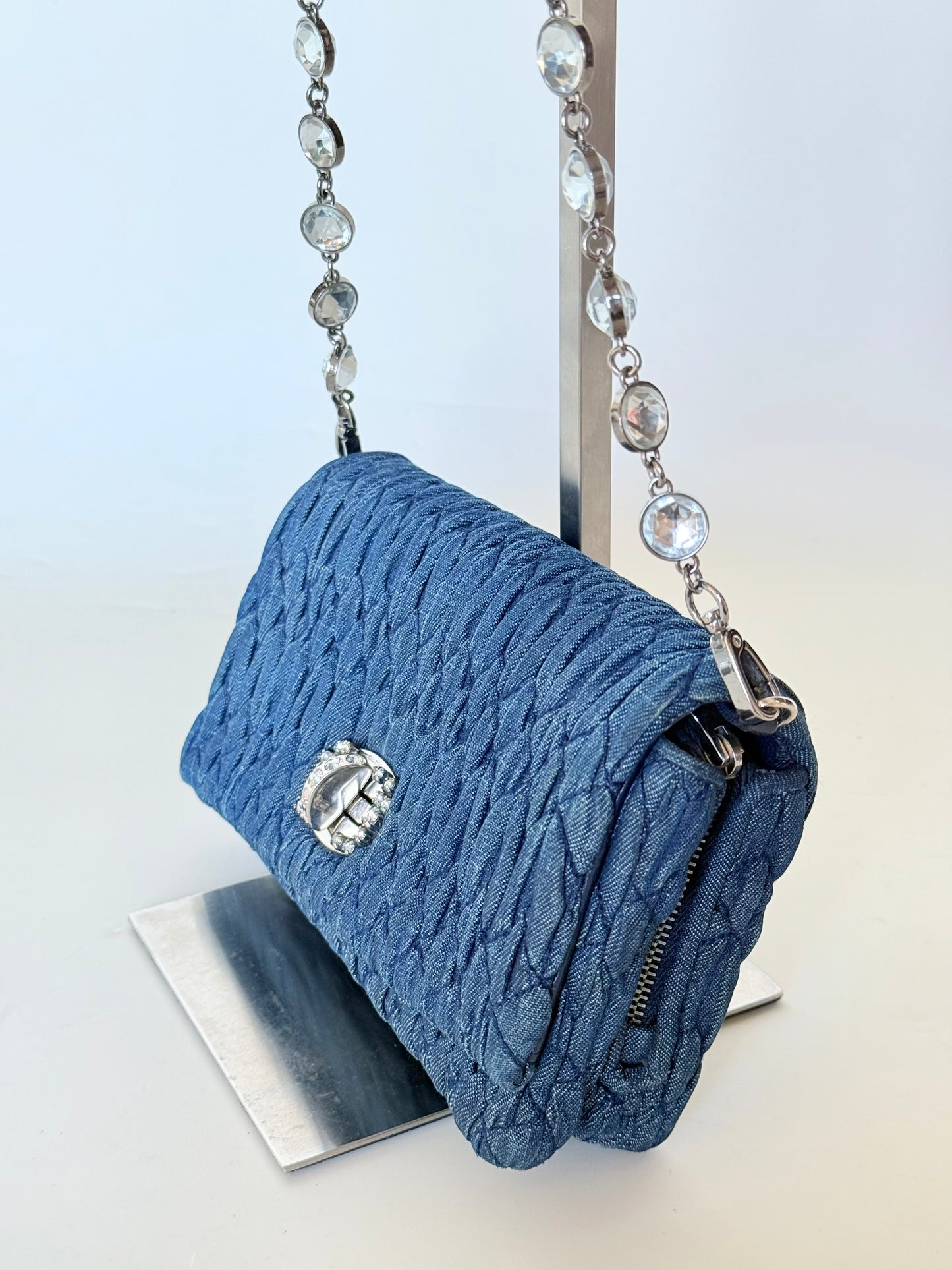 Miu Miu Denim Matelasse Crystal Chain Shoulder Bag