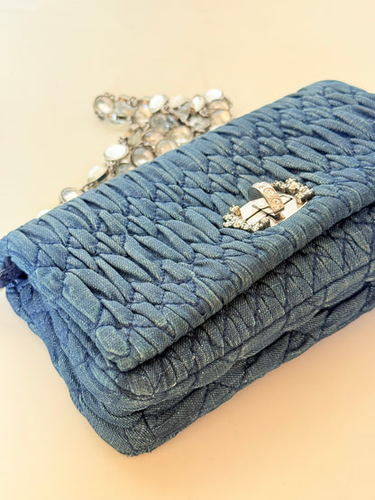 Miu Miu Denim Matelasse Crystal Chain Shoulder Bag