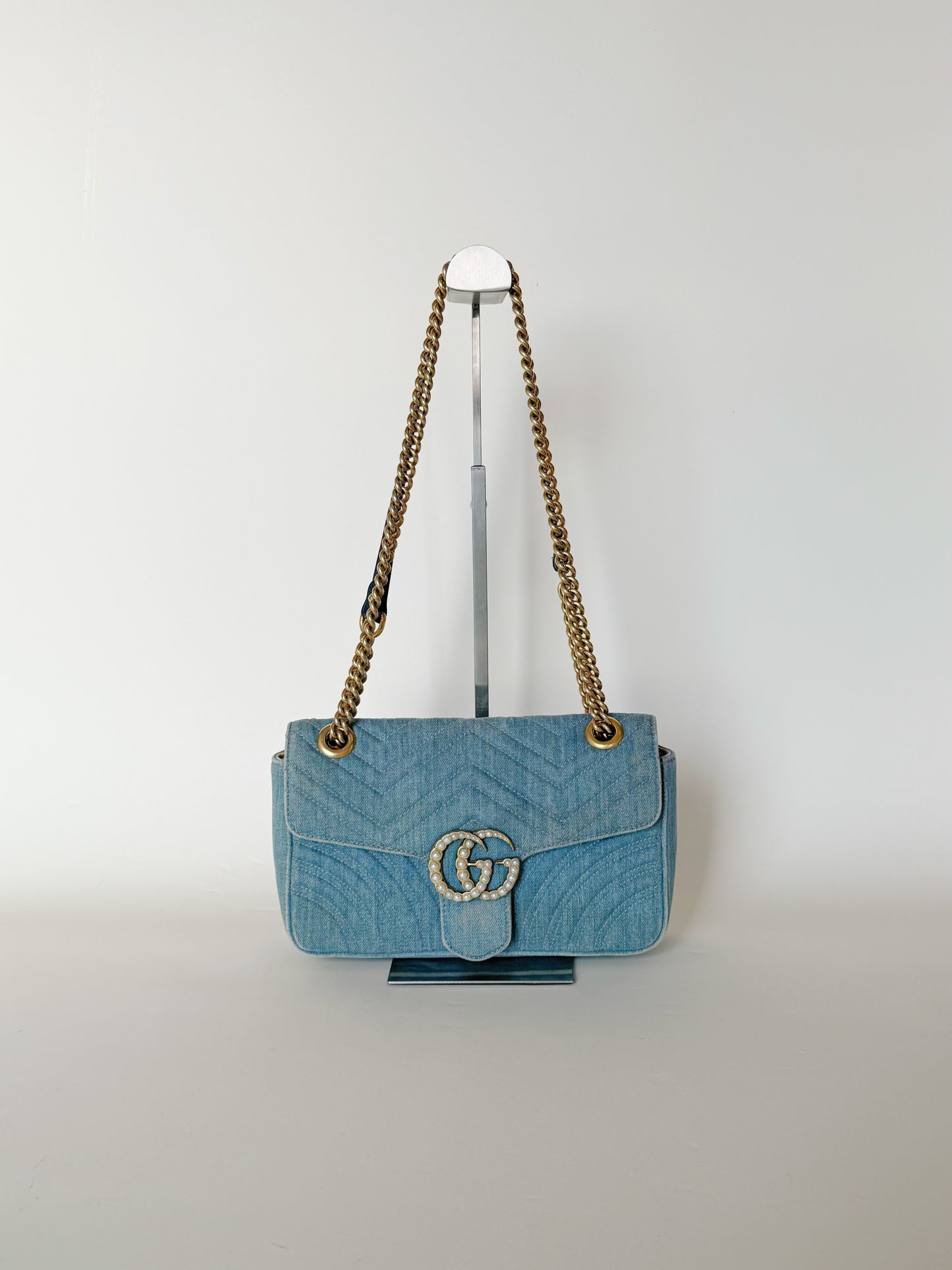 Gucci Denim Matelasse Pearly GG Marmont Shoulder Bag