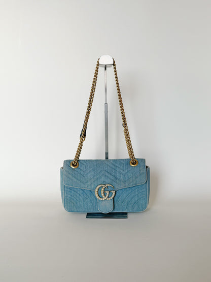 Gucci Denim Matelasse Pearly GG Marmont Shoulder Bag