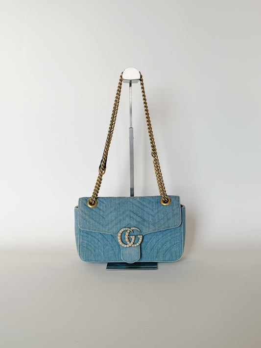 Gucci Denim Matelasse Pearly GG Marmont Shoulder Bag
