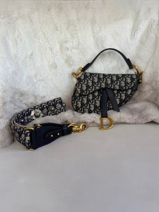 Christian Dior Mini Oblique Dior Saddle Bag & Studded Canvas Strap Bundle