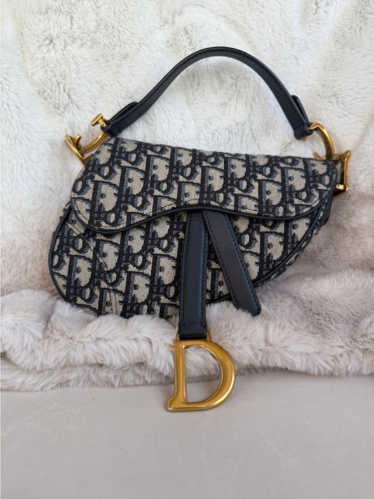 Christian Dior Mini Oblique Dior Saddle Bag & Studded Canvas Strap Bundle